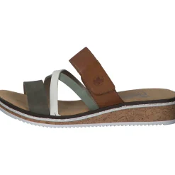 Rieker V3652, Plateau-Pantoletten, Damen, Braun / Weiß / Olive